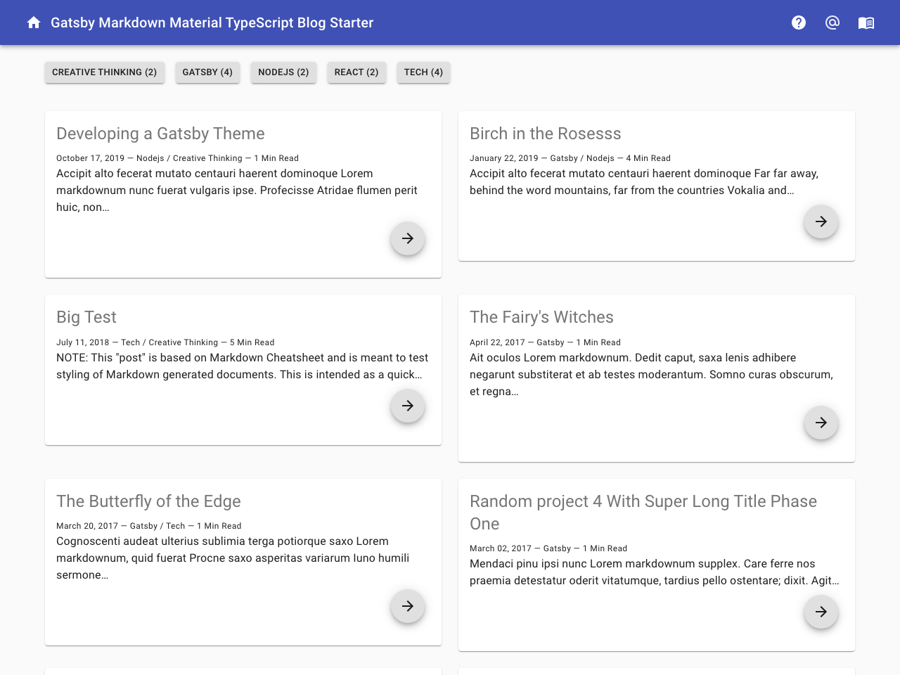 Gatsby Markdown Material TypeScript/TSX Responsive Blog Starter screenshot